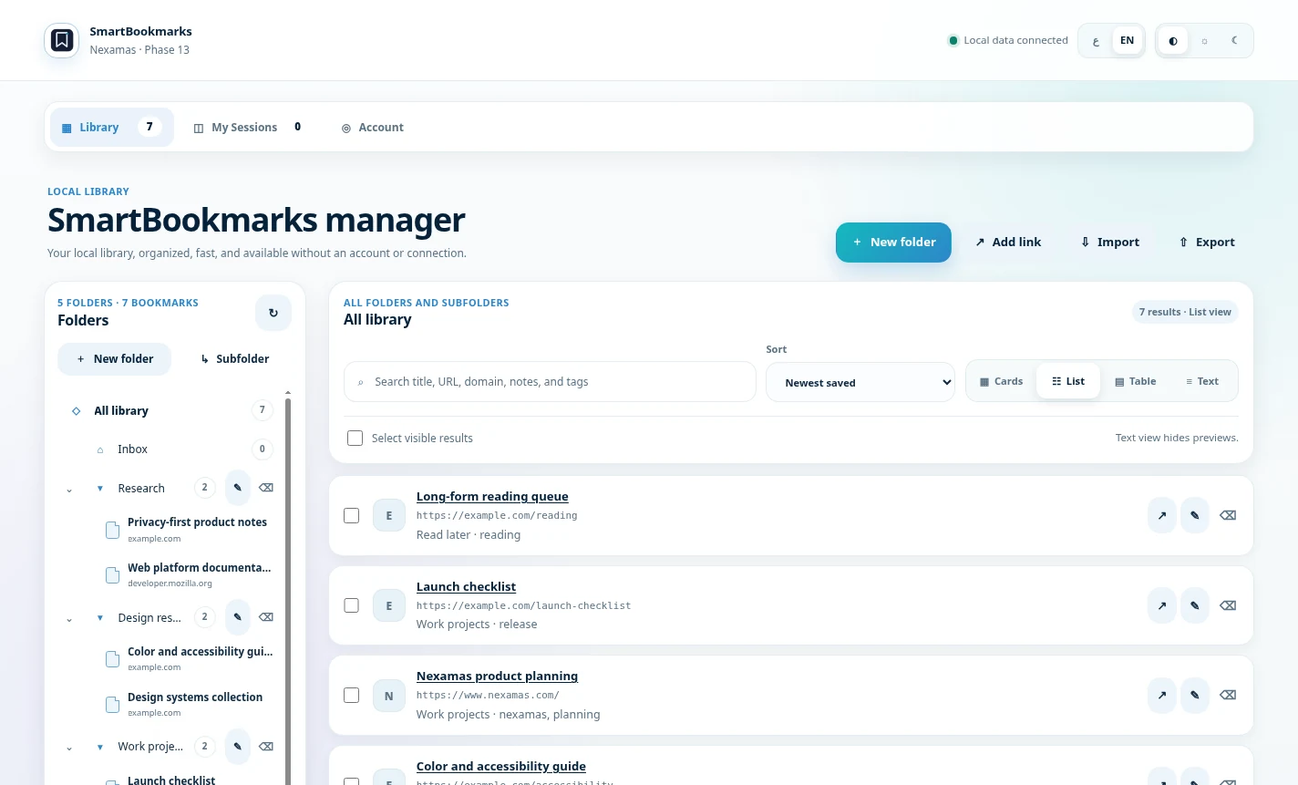 SmartBookmarks library workspace with folders, saved links and session management
